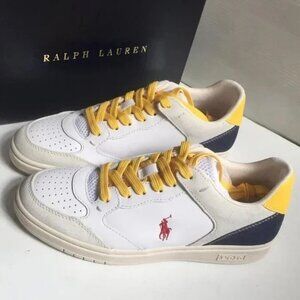 NIB Polo Ralph Lauren 🐎 Leather Suede Upper Court Sneaker Shoes Blue Yellow 7.5